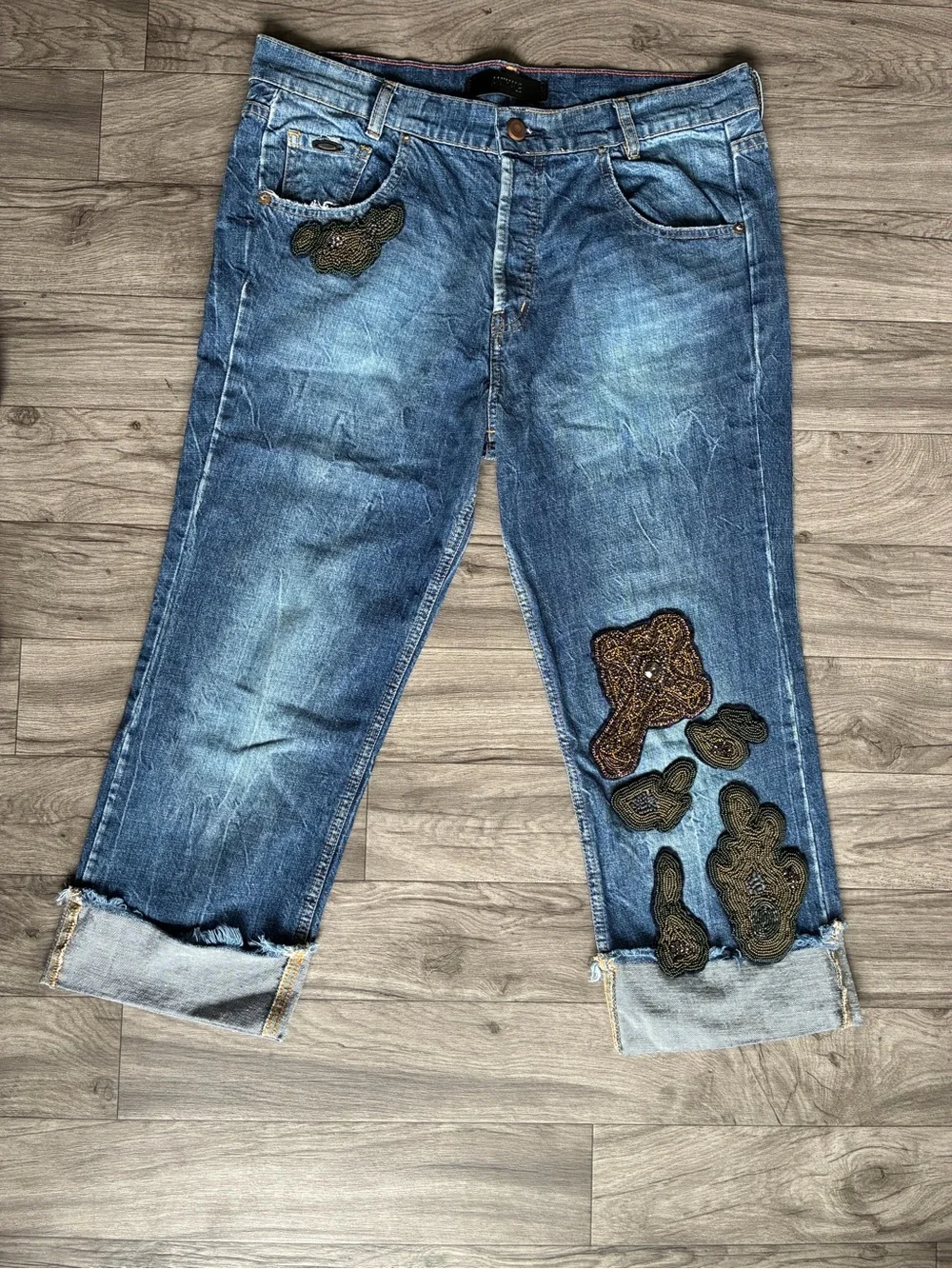 Animale Brazil Beaded Cropped Jeans Women Size 42 Blue Designer Denim.100%Cotton
